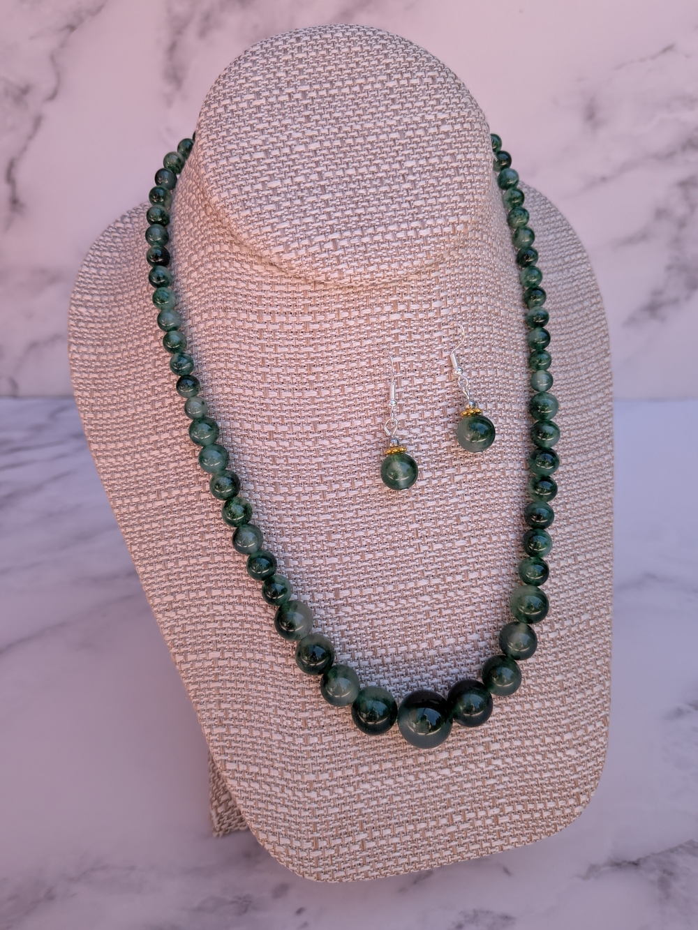 Natural Moss Agate Graduated Bead Necklace & Matching Earrings | Green Gemstone